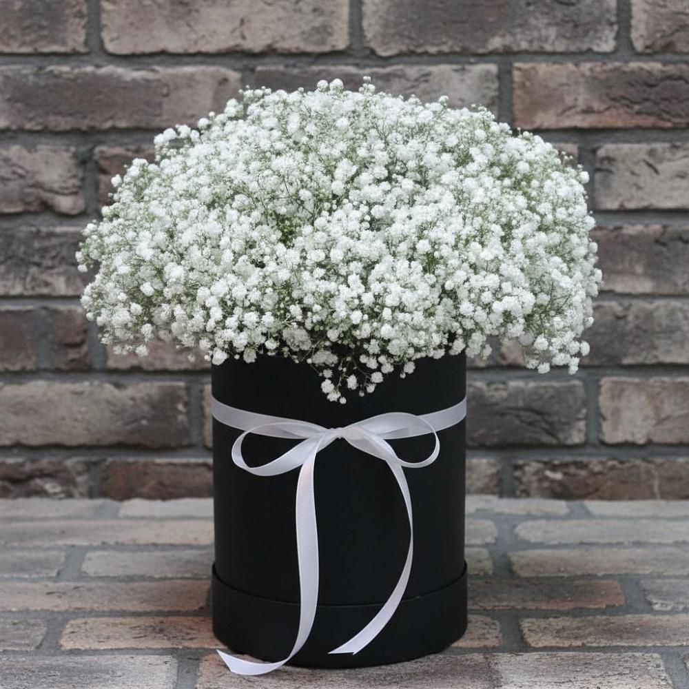 Цветочная композиция из Гипсофила в шляпной коробке в Петропавловке