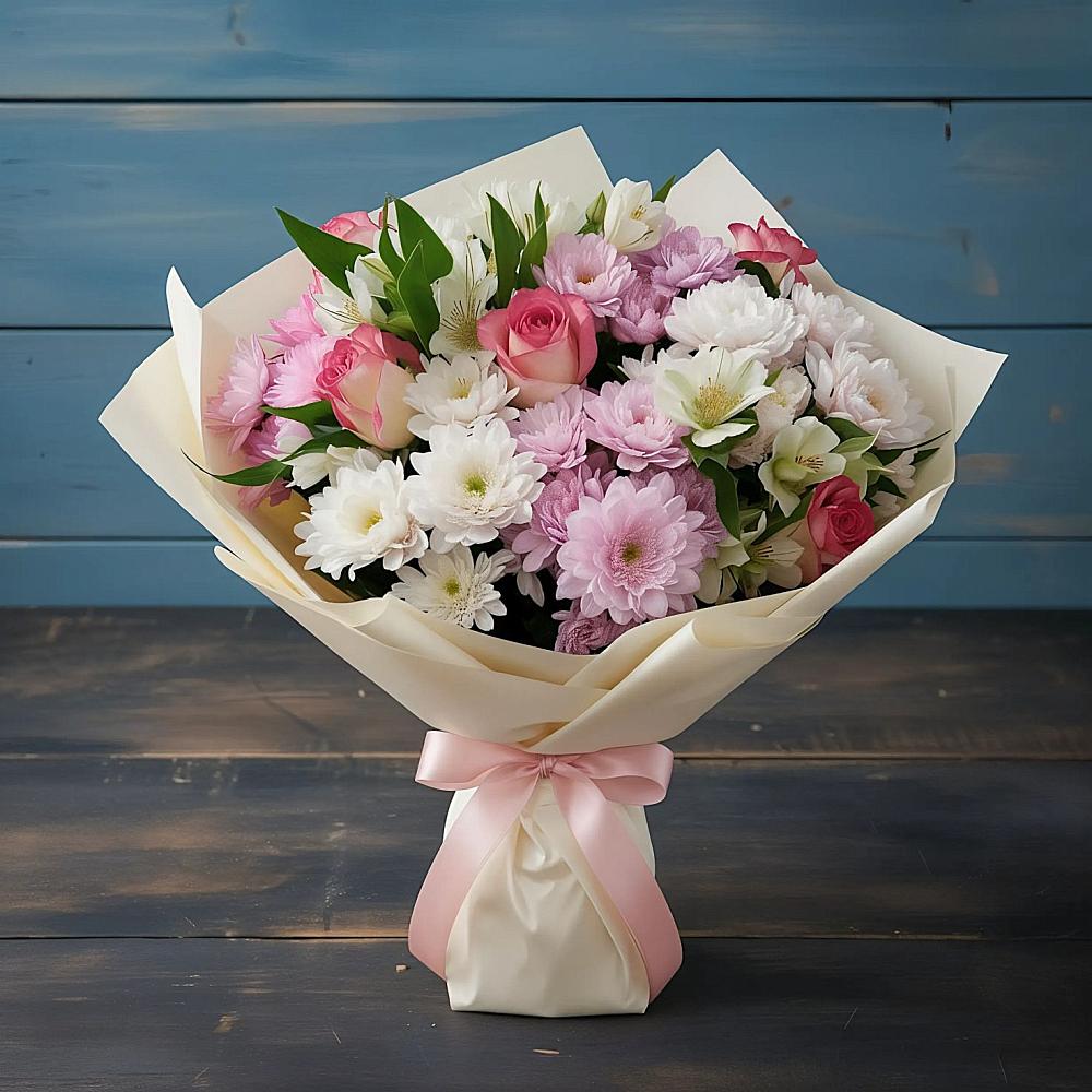 Букет цветов из: Хризантемы, Альстромерии и Розы в Петропавловке